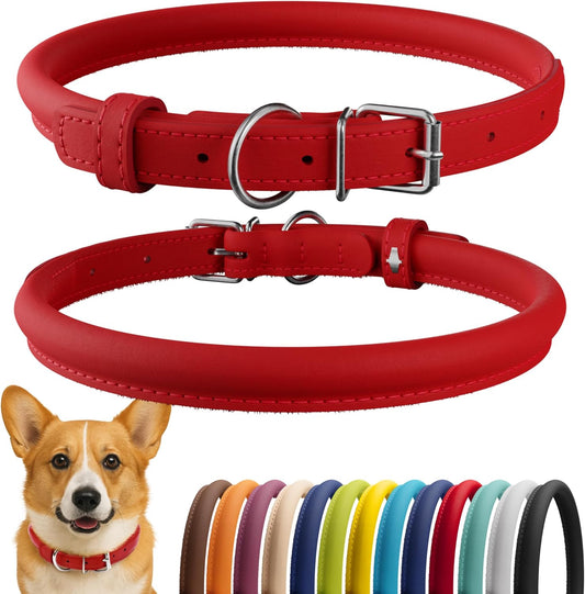 CollarDirect Rolled Leather Dog Collar, Soft Padded Round Puppy Collar, Handmade Genuine Leather Collar Dog Small Large Cat Collars 13 Colors (13-16 Inch, Red Smooth)