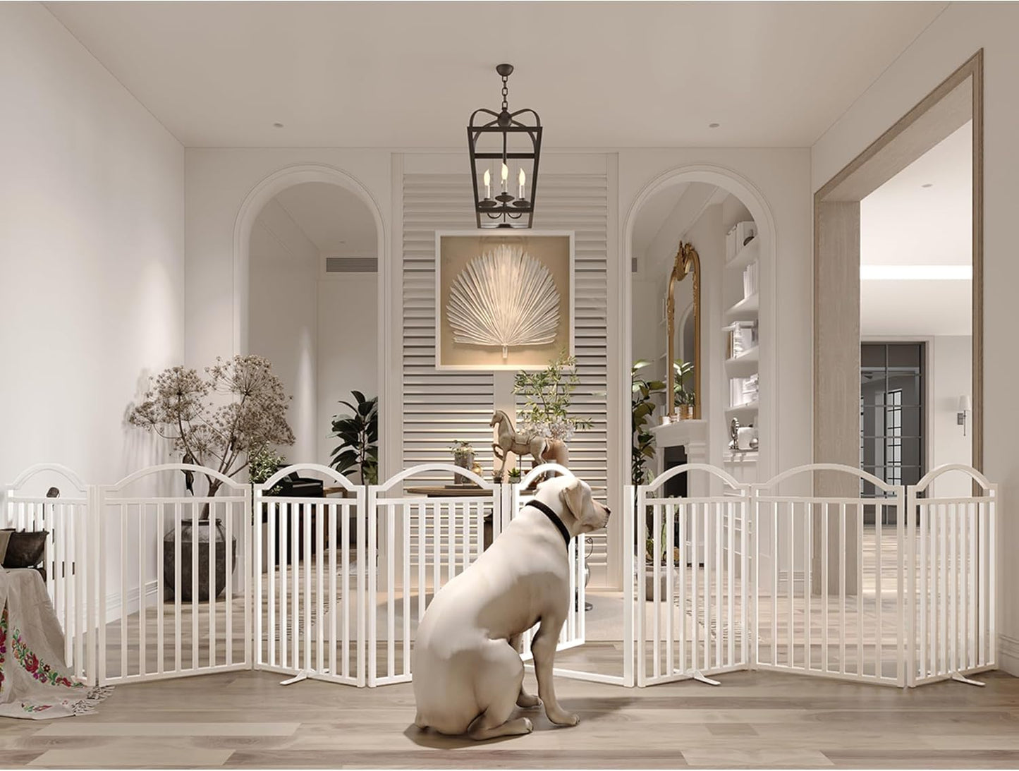 BHG Metal No-Assembly Freestanding Dog Gate with Door Walk Through, Extra Wide 96", Extra Tall 32" Pet Gate, Accordion Puppy Folding Playpen Dog Fence, with 2PCS Support (White, 8 Panels)