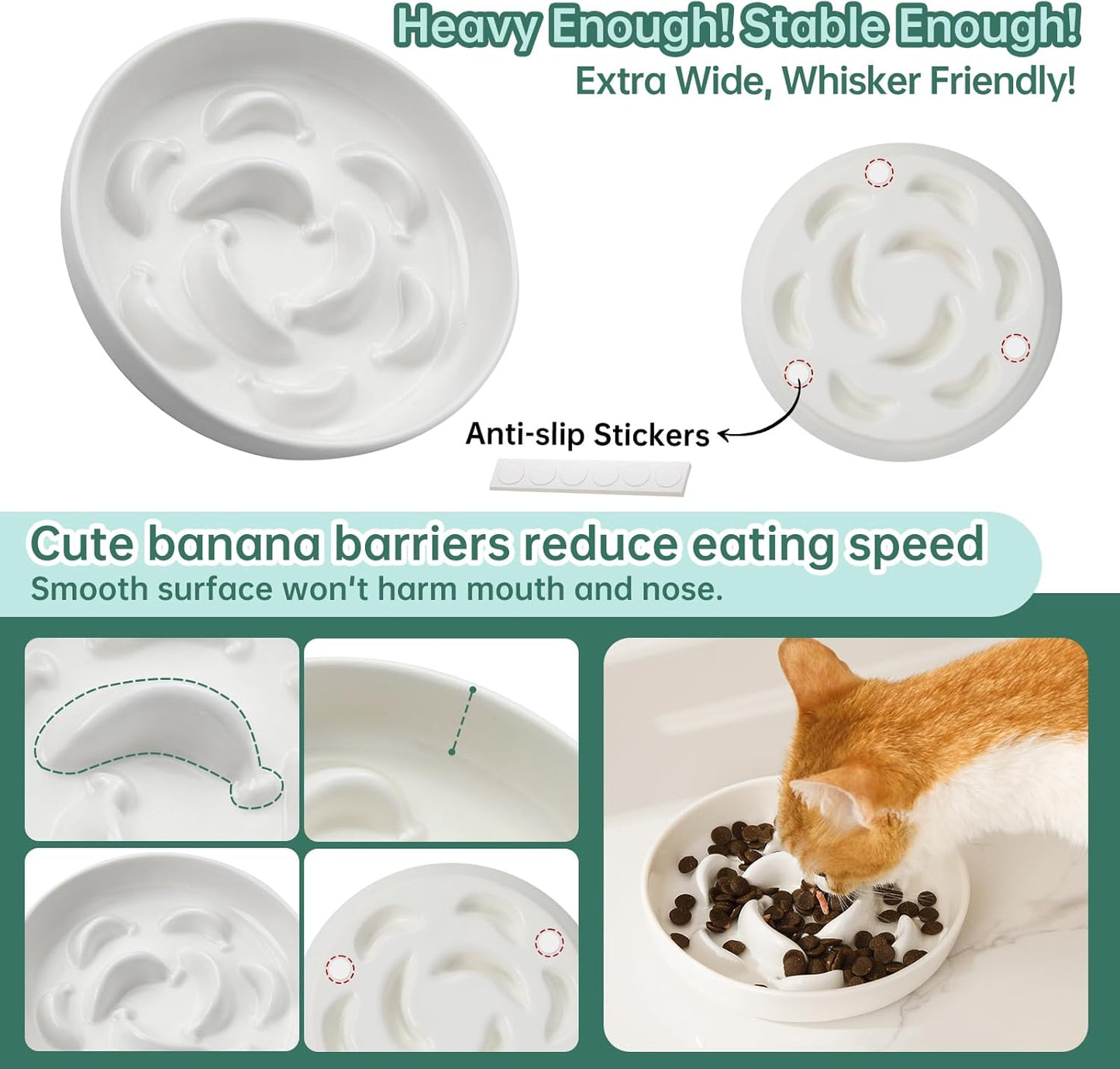 Ceramic Cat Slow Feeder Bowl - Pastel Series Cat Plate for Dry and Wet Food - Cute Maze Feeder Dish for Healthy Eating - Dishwasher Safe - 6.3''W x 1.2''H - 7 OZ - Ivory White