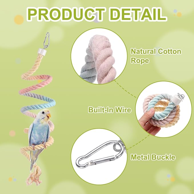 Bird Rope Perch Swing, Spiral Rope Perch Standing Pole Accessory Climbing Swing Paw Grinding 59 Inch, (Colorful) Intended for Parrot/Parakeet/Budgies/Cockatiels/Lovebirds