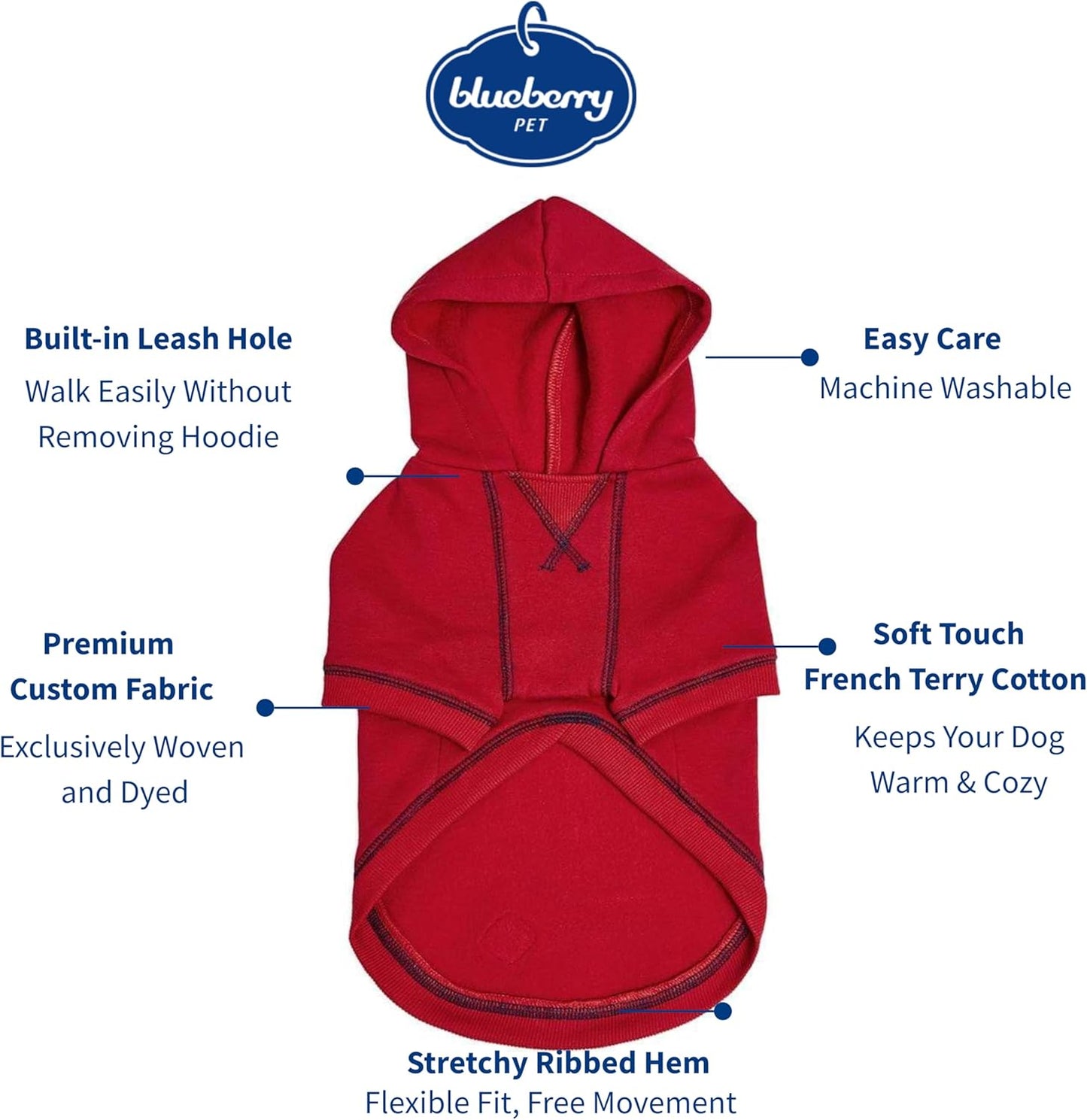 Blueberry Pet Hoodie – 14″ Soft French Terry Chilly‑Season Sweatshirt with Hood, Red, Award‑Winning Small‑Dog Jersey