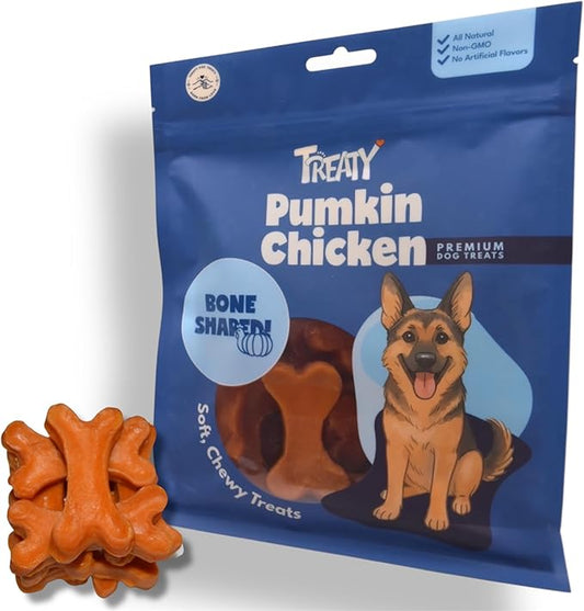 Treaty Healthy Pumpkin Puree Chicken Dog Treats 16 oz Baked Bone Shape Soft Chews All Natural Human Grade Training Rewards with Real Chicken and Pumpkin Digestive Support