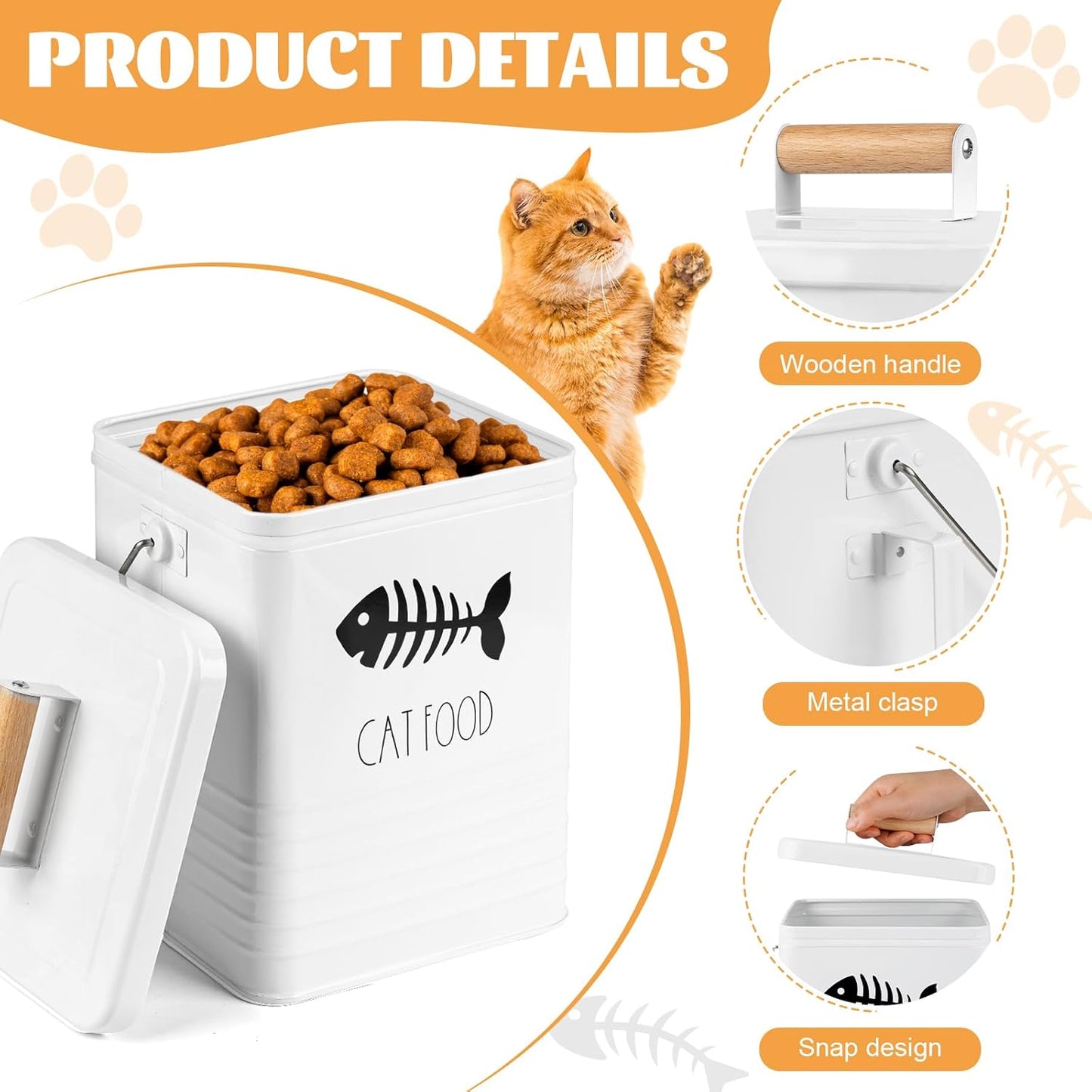 Cat Food Storage Container with Scoop - 5-7 lb Metal Cat Treat Container with Wood Handle, Pet Snacks Canisters with Airtight Lid & Dry Food Scoop for Kibble & Treats, Kitchen Counter Organizer