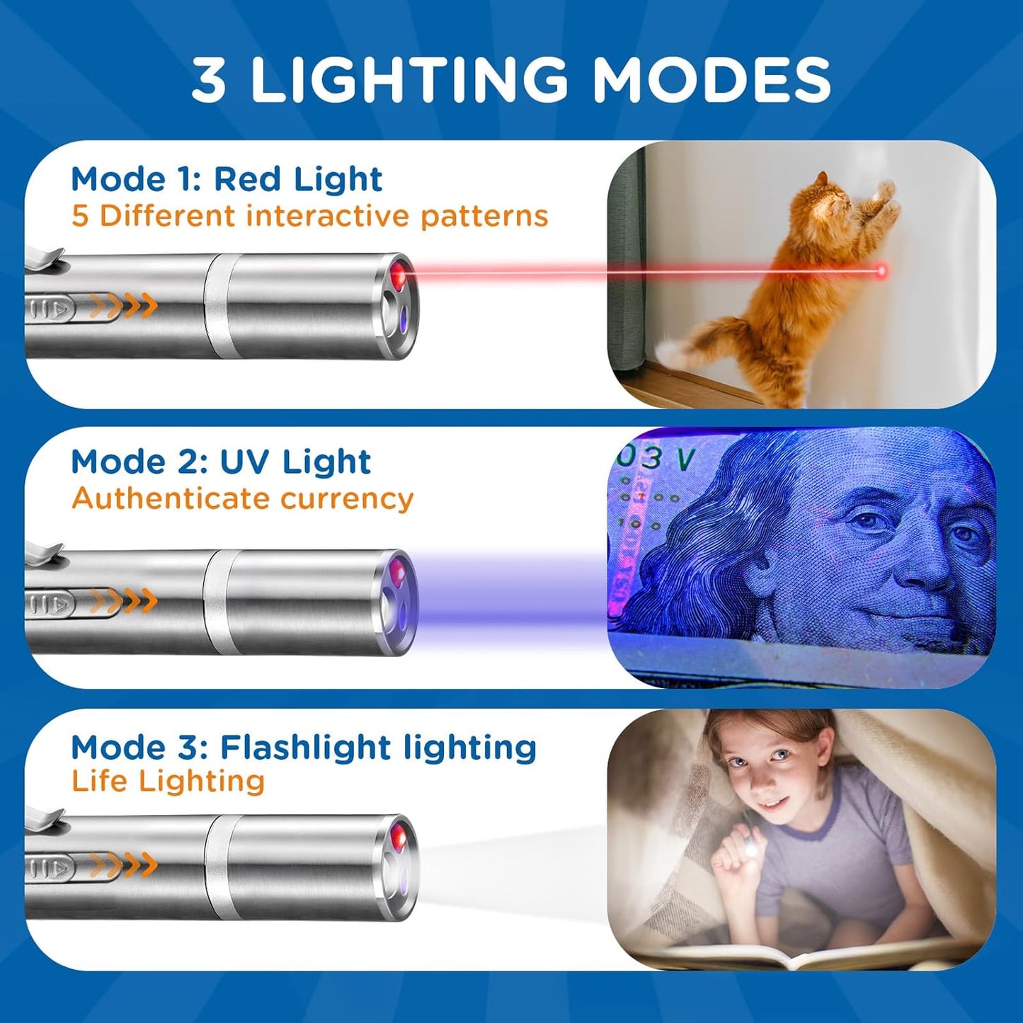 Cat Pointer Toy 2 Pack, Red LED Light Pointer Cat Toys for Indoor, USB Rechargeable 3 Light Colors Interactive Pet Toys, Chaser Training Interactive Toy