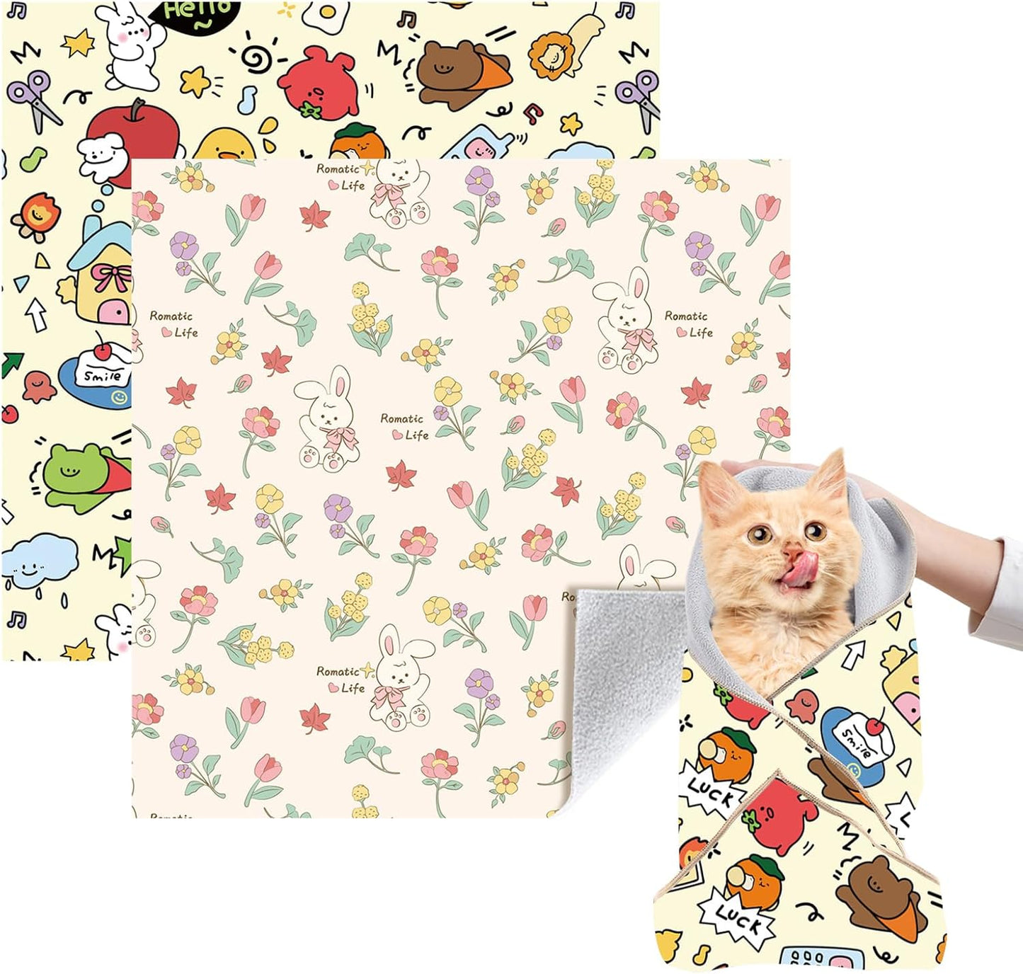 Cat Grooming Wrap, 2pcs [L] Cat Restraint Wrap for Nail Clipping, Ear Cleaning, and Teeth Brushing, Self-Adherent, Anti-Bite, Anti-Scratch, Anti Scratch, Pink+Yellow