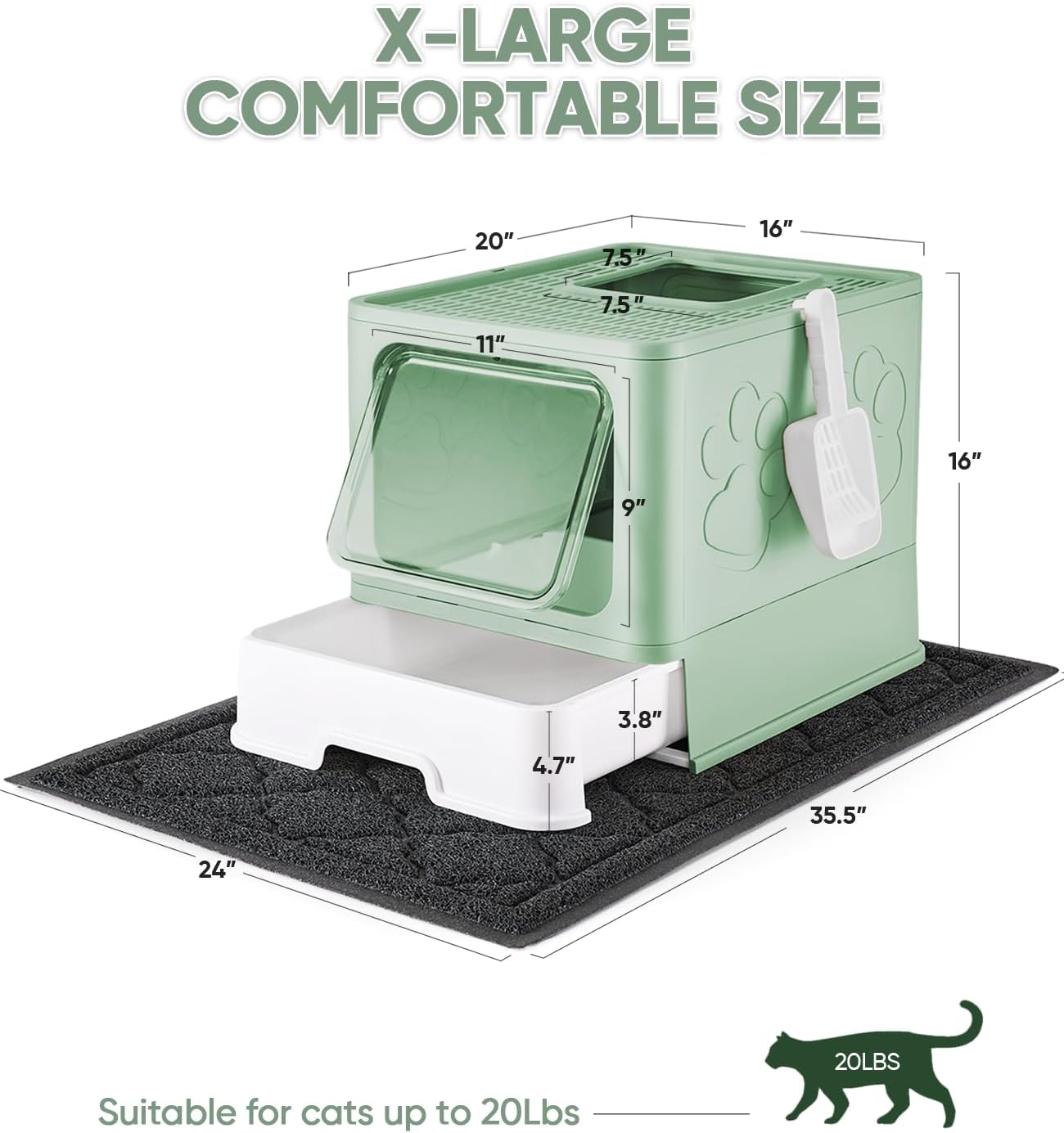 Cat Litter Box with X-Large Litter Mat and Scoop, Large Foldable Litter Box with Lid, Enclosed Kitty Box,Front Top Entry Exit, Odor Control Easy to Clean (Upgrade Green)