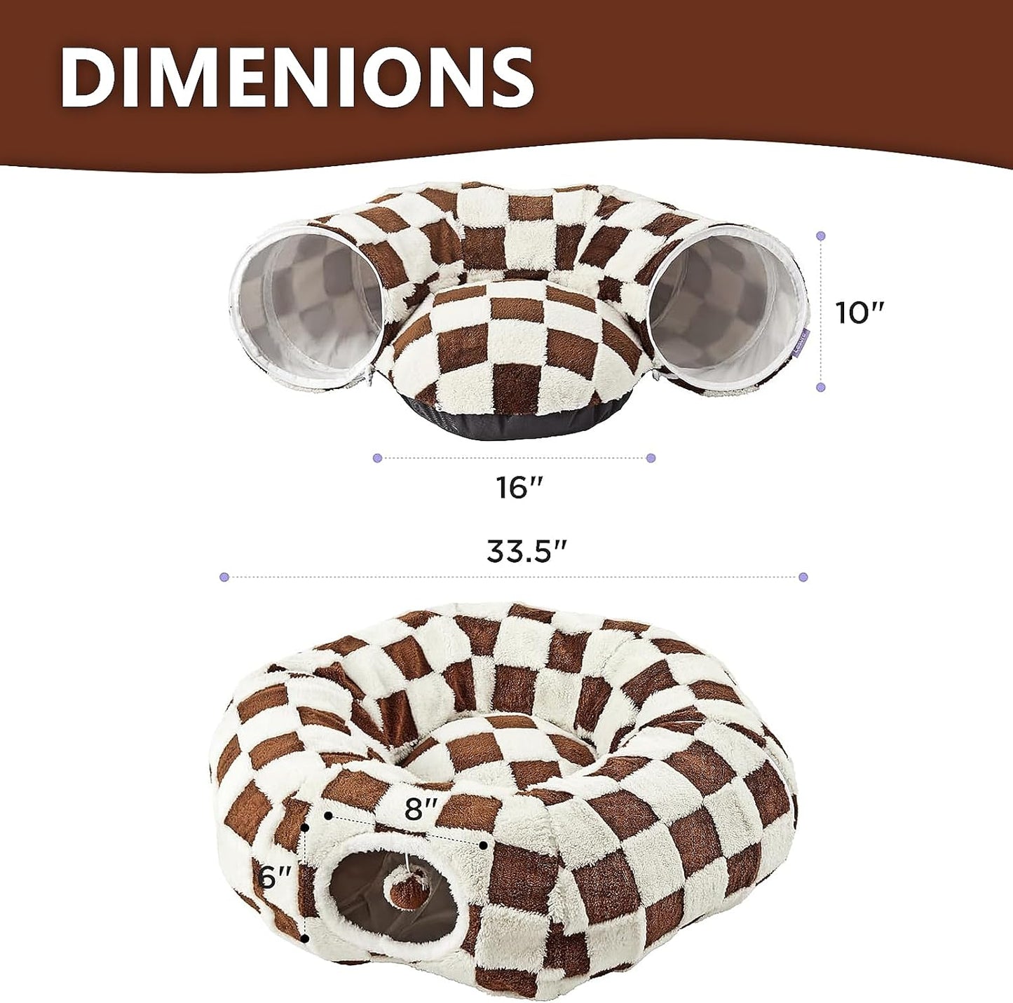 Cat Tunnel Bed with Washable Cushion for Indoor Cat, Donut Cave Tube Toys for Kitten Puppy Rabbit, Brown