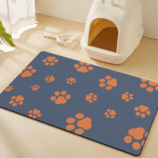 18"×30" Dog Food Mat-Absorbent Dog Mat for Food and Water, No Stains Quick Dry Cat Dog Food Bowl Mat Non Skid Dog Feeding Mat with Footprints for Messy Drinkers Blue