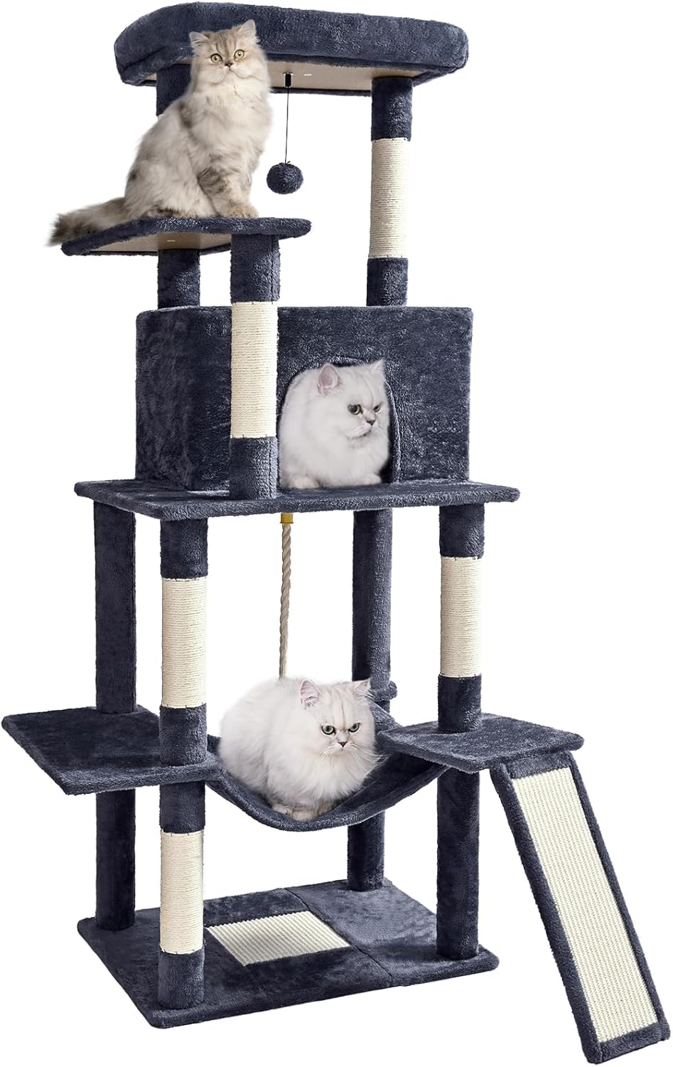 Cat Tree Tower 63in Multi-Level Cat Tower for Indoor Cats with Sisal Scratching Posts, Condo, Hammock, Dangling Ball and Extended Platform for Cats to Play, Dark Grey
