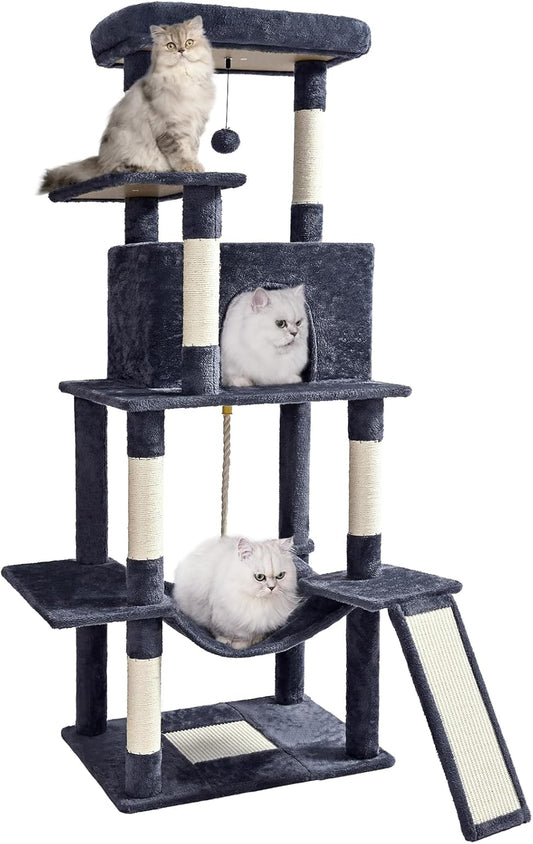 Cat Tree Tower 63in Multi-Level Cat Tower for Indoor Cats with Sisal Scratching Posts, Condo, Hammock, Dangling Ball and Extended Platform for Cats to Play, Dark Grey