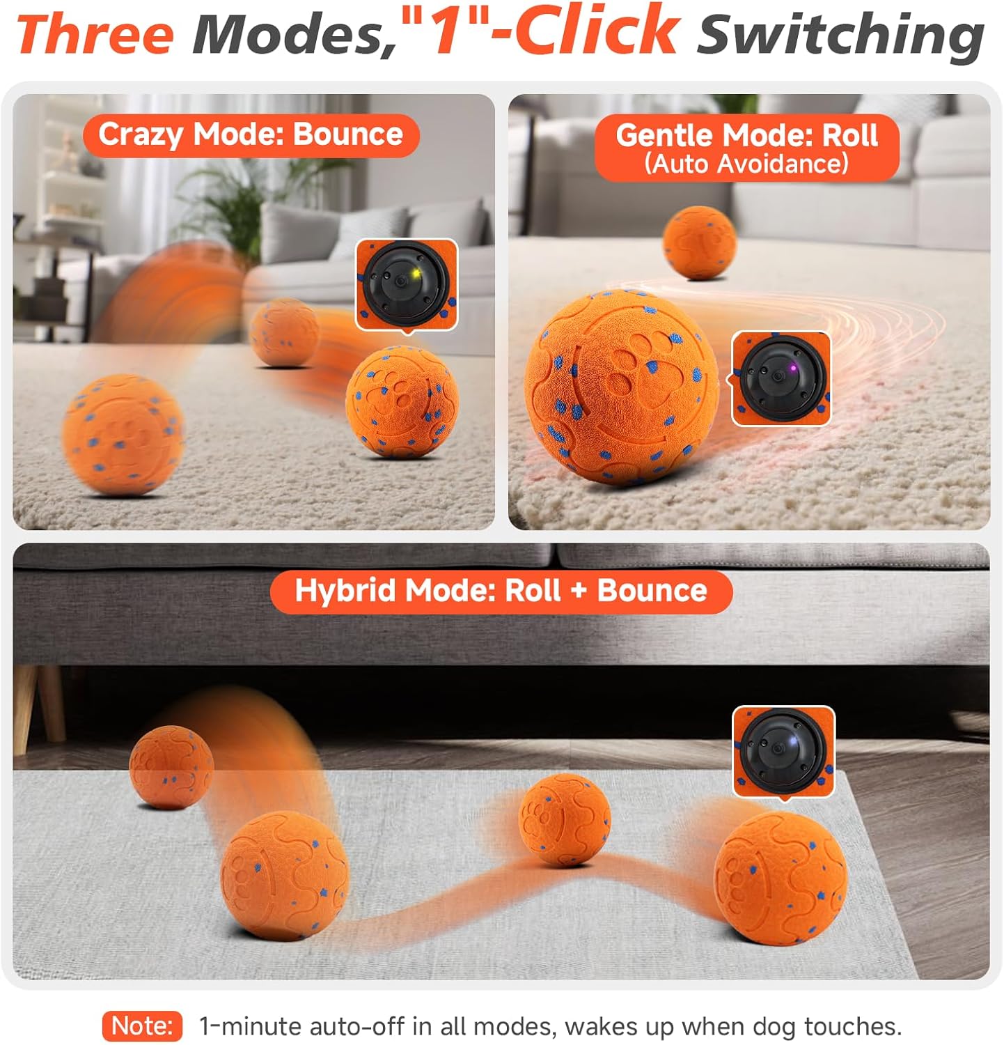 Interactive Dog Ball Toy, Automatic Moving Bouncing Rotating Smart Ball with 3 Modes, Durable E-TPU Material for Medium & Large Dogs, IP54 Waterproof Stimulation Toy to Keep Dog Busy & Active
