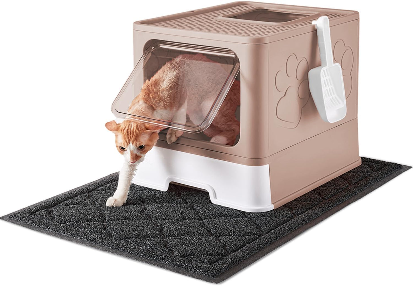 Cat Litter Box with X-Large Litter Mat and Scoop, Large Foldable Litter Box with Lid, Enclosed Kitty Box,Front Top Entry Exit, Odor Control Easy to Clean (Upgrade Coffee)