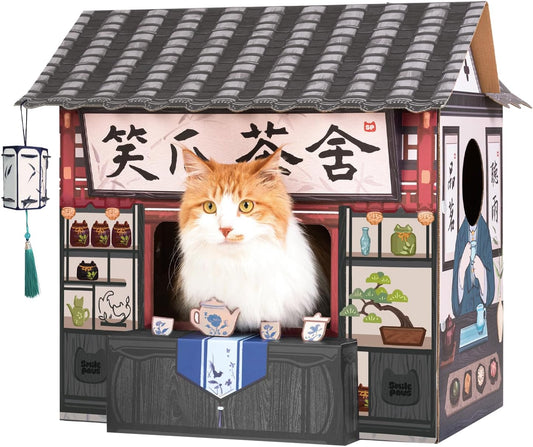 Cat Beds for Indoor Cats, Cardboard House with Scratchers, Tea House, Large Sturdy Cat Furniture Condo Cave Tent, Easy to Assemble Pet Toys Accessories Stuffs, Bunny Small Animals