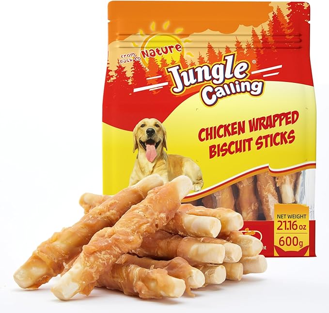 Jungle Calling Chicken Wrapped Biscuit Dog Treats, Grain-Free & Rawhide-Free Dog Chews, Crunchy Training Snacks for Small, Medium & Large Dogs, 21.2 oz
