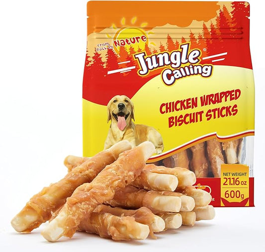 Jungle Calling Chicken Wrapped Biscuit Dog Treats, Grain-Free & Rawhide-Free Dog Chews, Crunchy Training Snacks for Small, Medium & Large Dogs, 21.2 oz