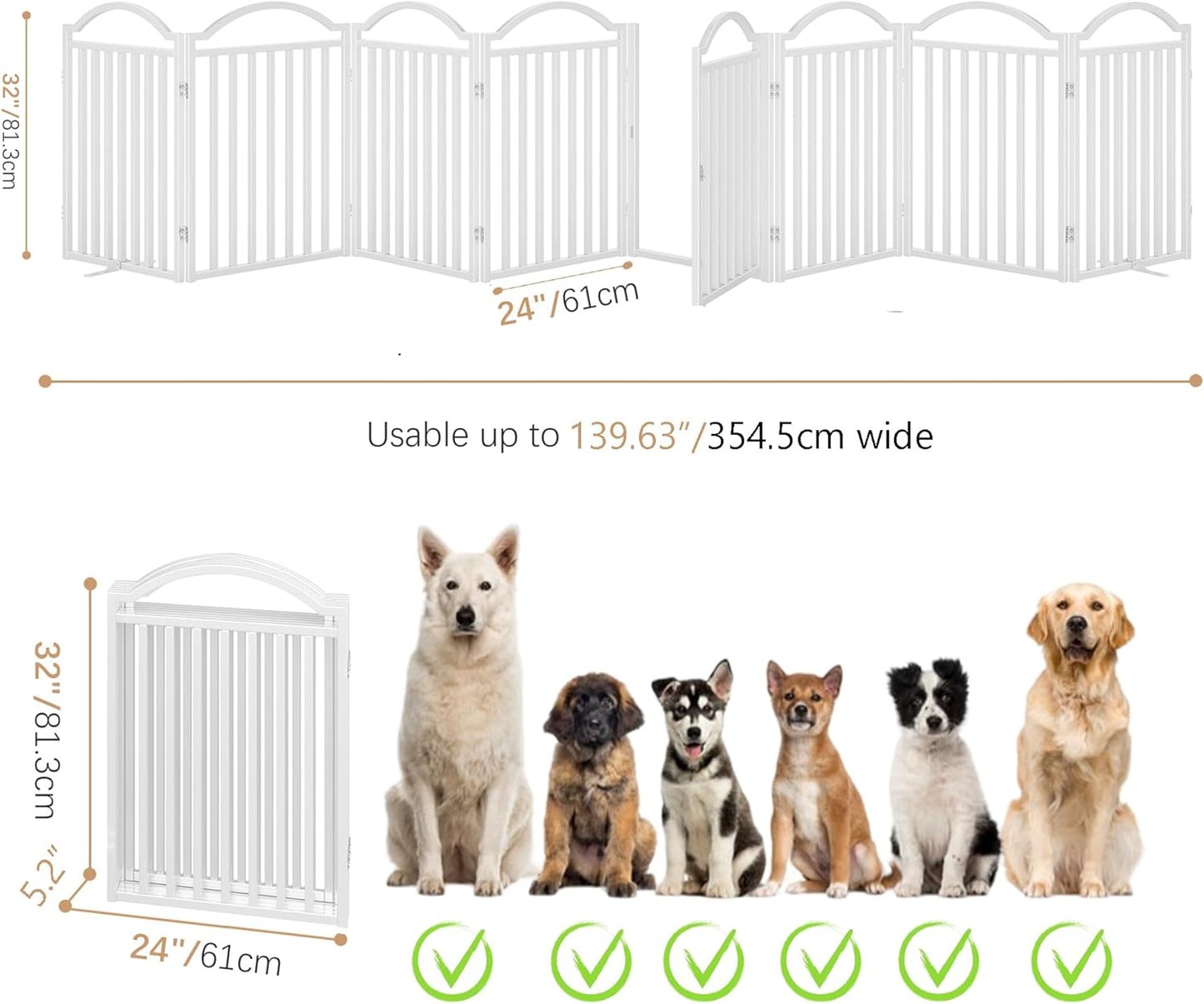 BHG Metal No-Assembly Freestanding Dog Gate with Door Walk Through, Extra Wide 96", Extra Tall 32" Pet Gate, Accordion Puppy Folding Playpen Dog Fence, with 2PCS Support (White, 8 Panels)