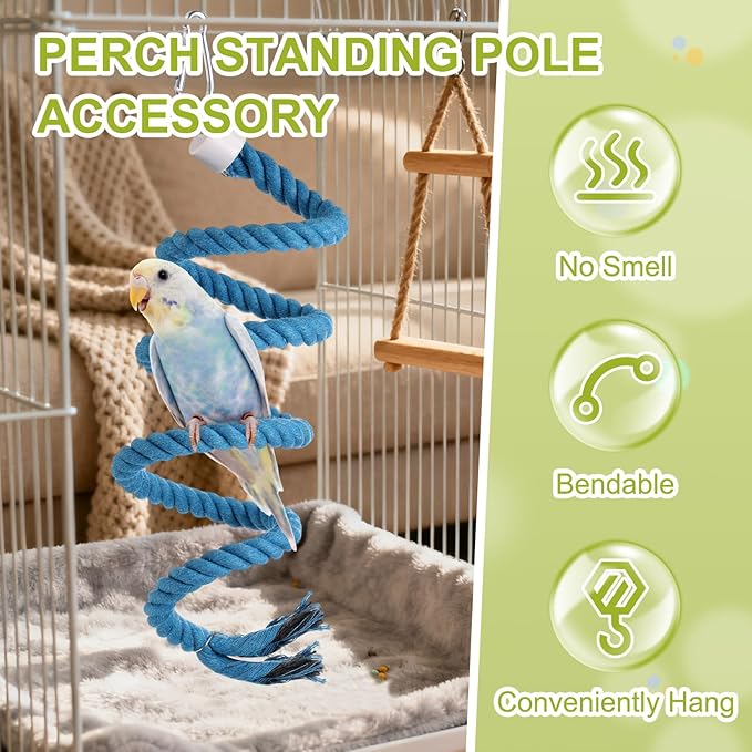 Bird Rope Perch Swing, Spiral Rope Perch Standing Pole Accessory Climbing Swing Paw Grinding 39 Inch, (Rainbow) Intended for Parrot/Parakeet/Budgies/Cockatiels/Lovebirds