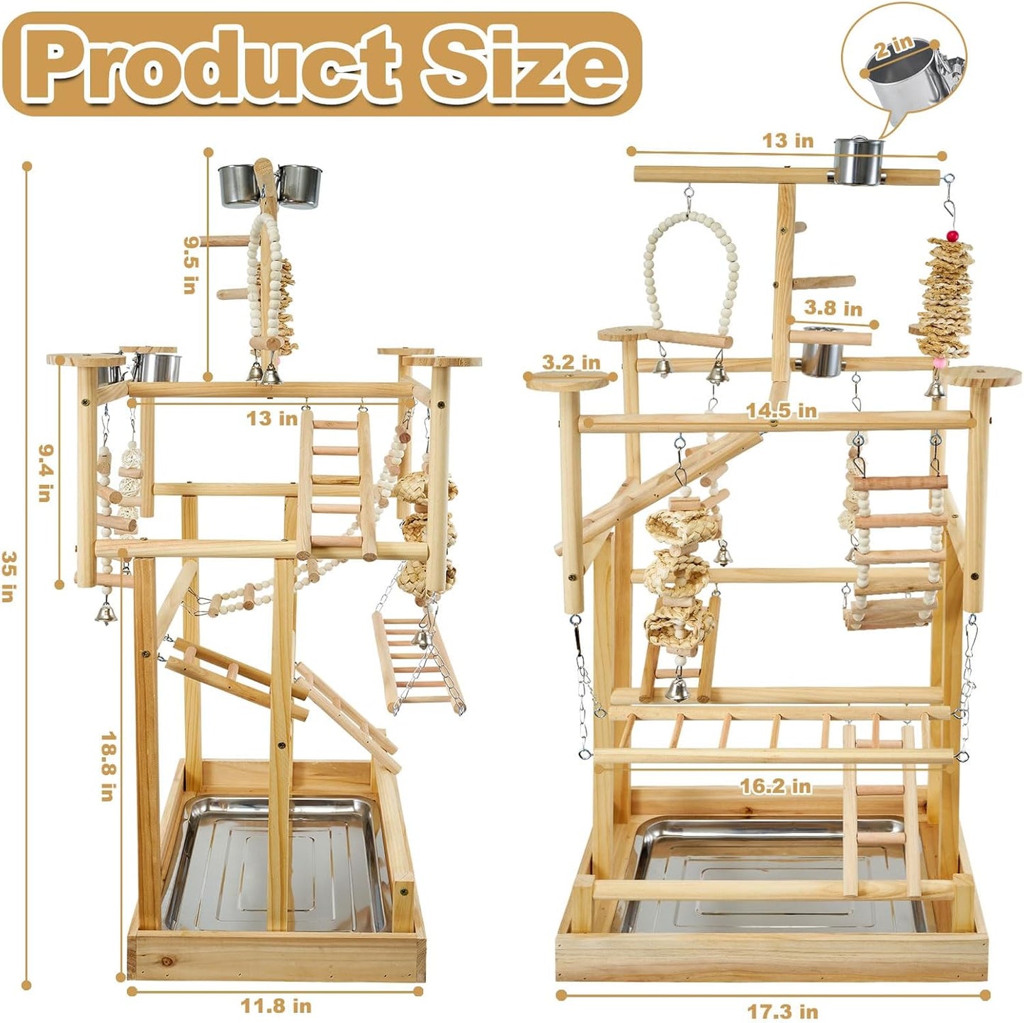 Bird Playground - Natural Wood Parrot Playstand with Perches, Bird Play Gym & Accessories, Removable Tray & 4 Stainless Steel Cups