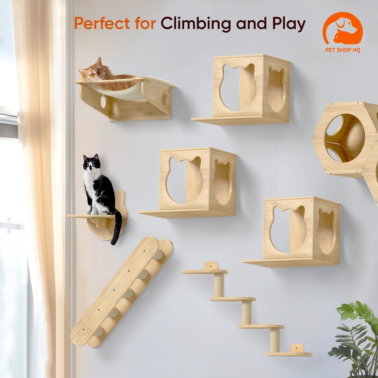 Cat Wall Furniture - Climbing Shelves, Ladders, Cat House, Hammock, Bed, Bridges, Walkways - Bamboo Material - Light Brown - Cat Furniture