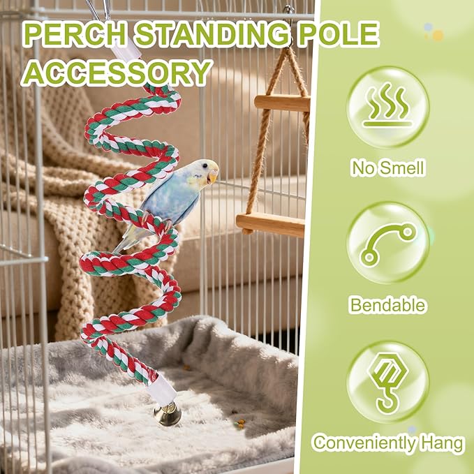 Bird Rope Perch Swing, Rope Perch Standing Pole Accessory Climbing Swing Paw Grinding 39 Inch, (Colorful) Intended for Parrot/Parakeet/Budgies/Cockatiels/Lovebirds