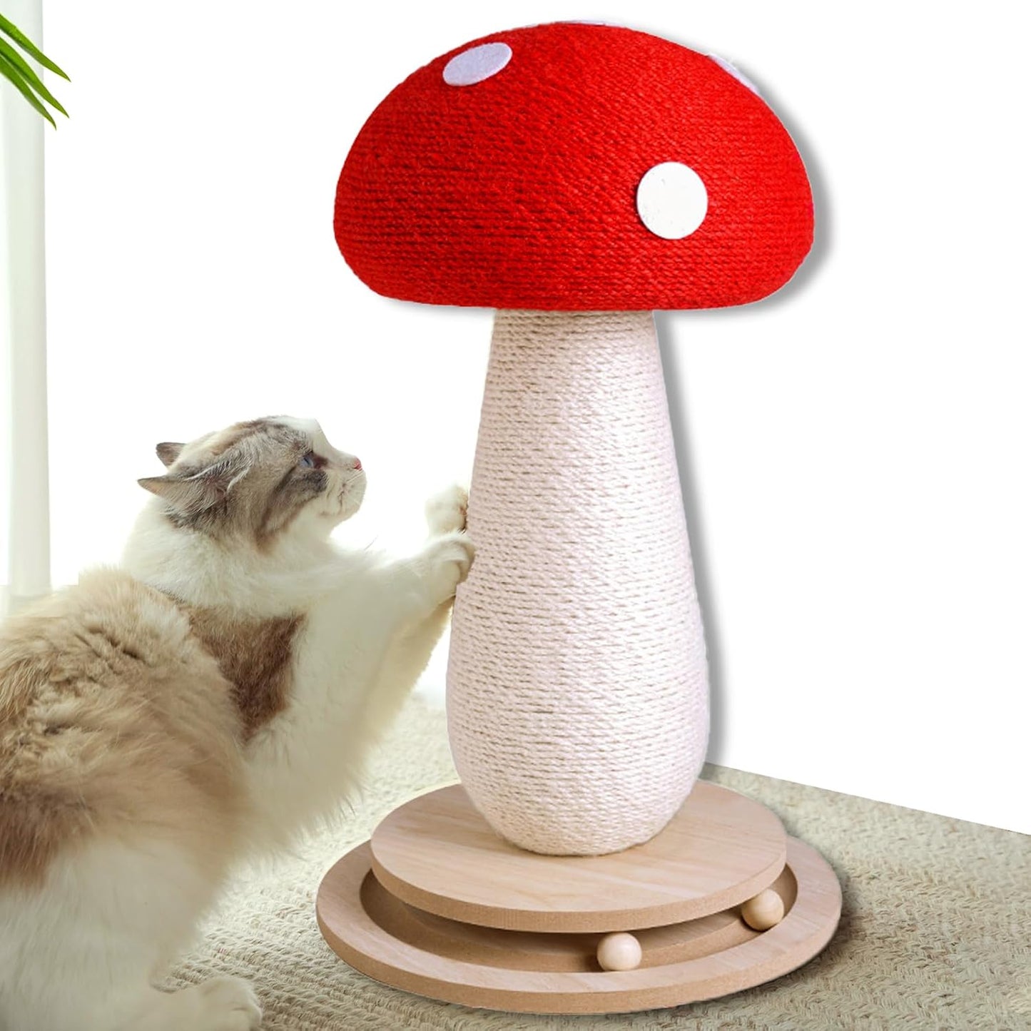 Cat Scratching Post Mushroom Cat Tree with Natural Sisal, Weighted Base & Interactive Ball - for Kittens to Adult Cats - Perfect for Indoor Cats (Red, Large 21 in, 7)