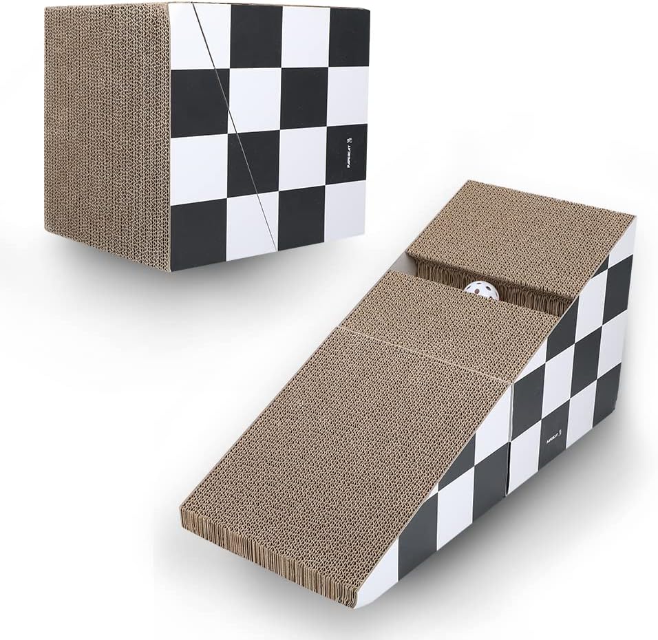 Cat Scratching Board with Ball, Triangle Cat Scratching Cardboard, Multiple Scratching Angles, 2-in-1 Scratching Lounge Bed, Recyclable and Durable, Furniture Protector, Black and White