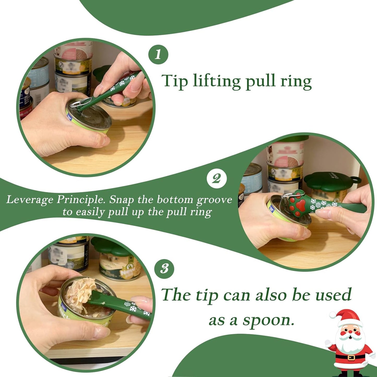 Christmas Pet Set - 3 Cat Food Can Lids & 1 BPA-Free Can Opener | Cute Paw Shape Opener Spatula Spoon for Wet Food | Silicone Spoon & Covers for Dog Cat - Christmas Green