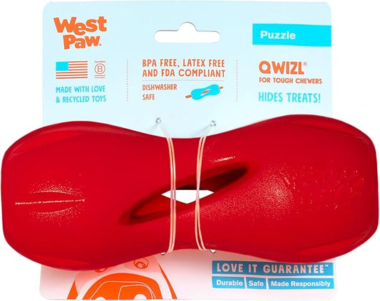 WEST PAW Zogoflex Qwizl Dog Puzzle Treat Toy – Interactive Chew Toy for Dogs – Dispenses Pet Treats – Brightly-Colored Dog Enrichment Toy for Aggressive Chewers, Fetch, Catch, Large 6.5", Ruby