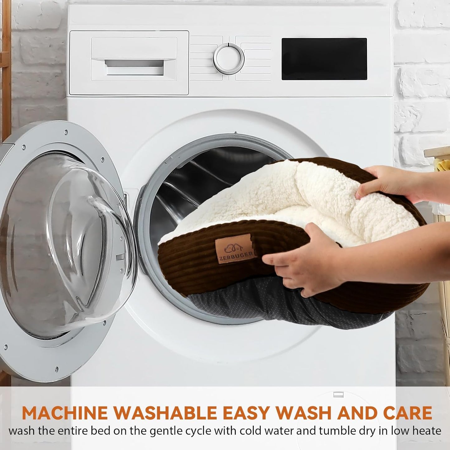 23in Round Cat Dog Bed for Large Medium Small Dogs Cats, Machine Washable Sleeping Sofa, Non-Slip Bottom Breathable Soft Calming Pet Cuddler for Indoor/Outdoor/Car/Cage, Brown