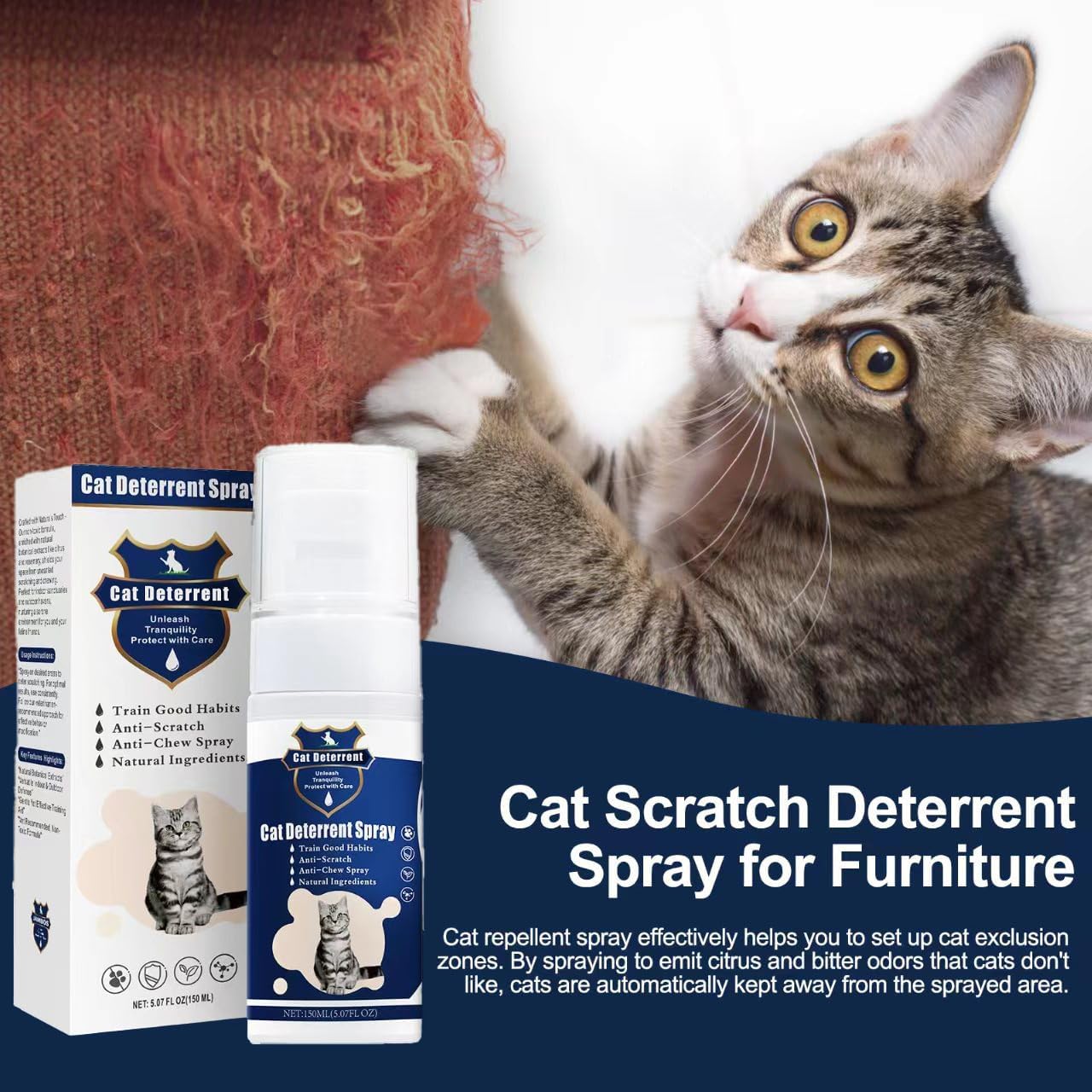 Cat Deterrent Spray - Safe Indoor & Outdoor Deterrent for Furniture Protection, Effective Training Aid with Natural Ingredients - Non-Toxic Anti-Scratch Formula (Blue, M)