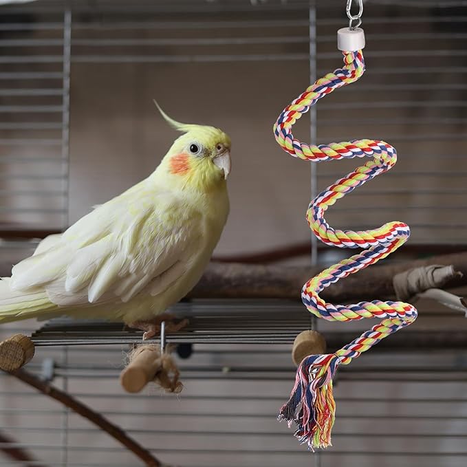 Bird Rope Perch Swing, Spiral Rope Perch Standing Pole Accessory Climbing Swing Paw Grinding 59 Inch, (Yellow) Intended for Parrot/Parakeet/Budgies/Cockatiels/Lovebirds