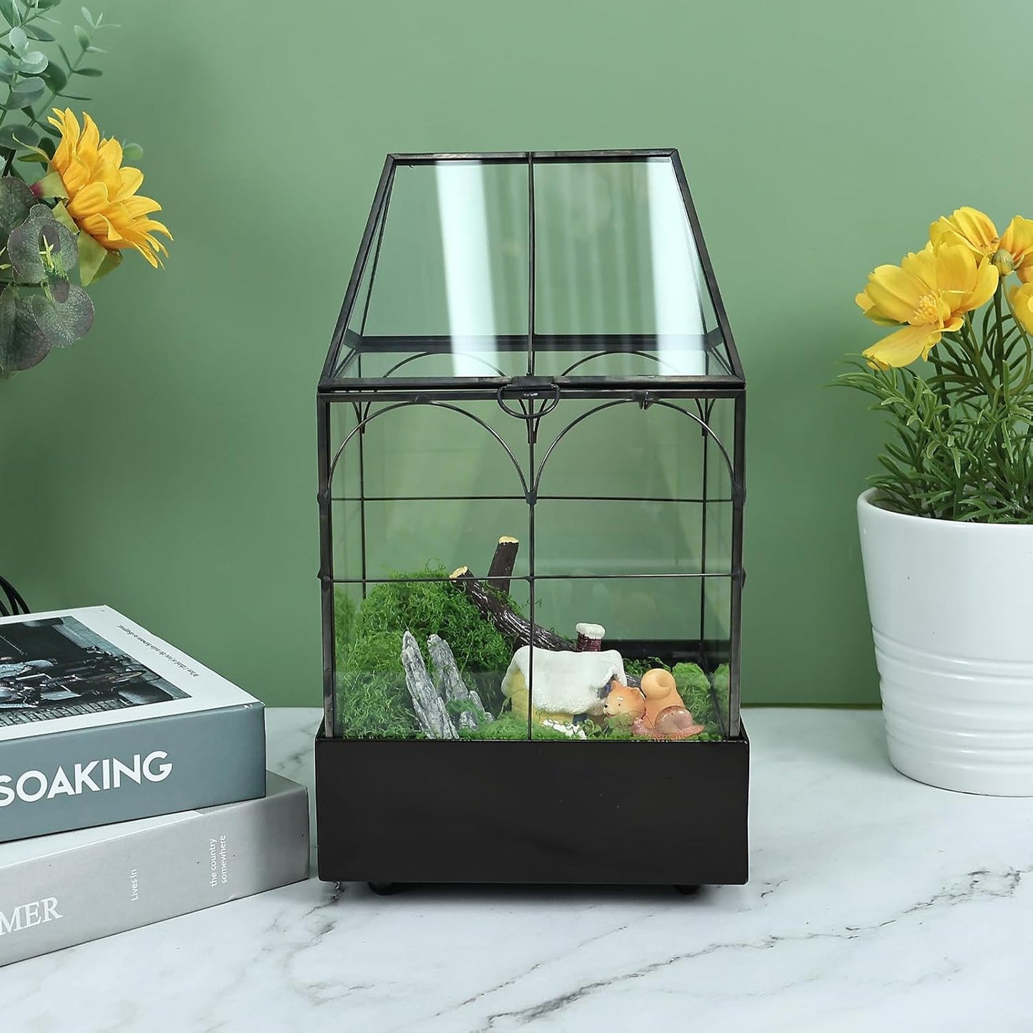 HighFree Glass Terrarium with Metal Tray, Glass Greenhouse Terrarium Kit for Succulents, Cacti, Snails, Spiders, and Miniature Reptiles, Black (Small-5.9" L x 5.9" W x 10.2" H)