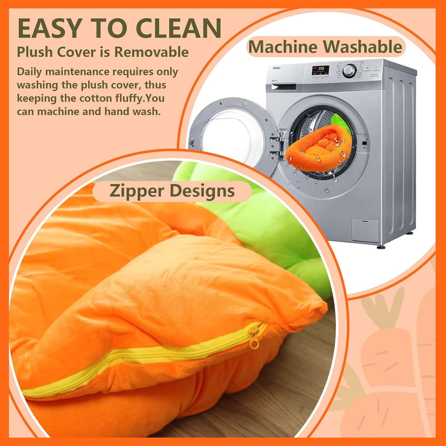 Bunny Bed,Thick&Soft Rabbit Bed with Removable Cushion,Machine Washable with Rattan Mat & Heart Decor,Cozy Warm Small Animal Sleeping Beds (Carrot Shape-M)