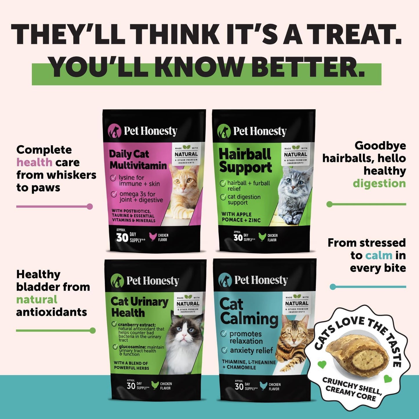 Cat Hairball Support Crunchy & Creamy Chews, Hairball Remedy Treats, Cat Furball Treatment, Supports Skin & Coat, Vitamins for Digestion, Chicken (30-Day Supply)