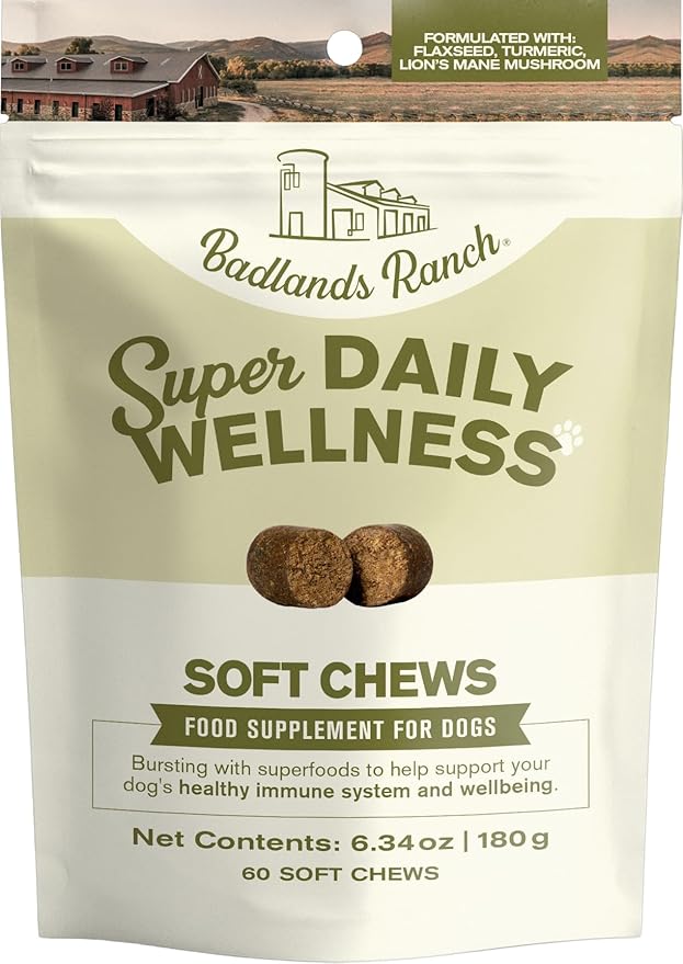 Badlands Ranch Super Daily Wellness Soft Chews for Dogs – Superfood Blend with Flaxseed, Turmeric & Lion’s Mane Mushroom – 60 Soft Chews