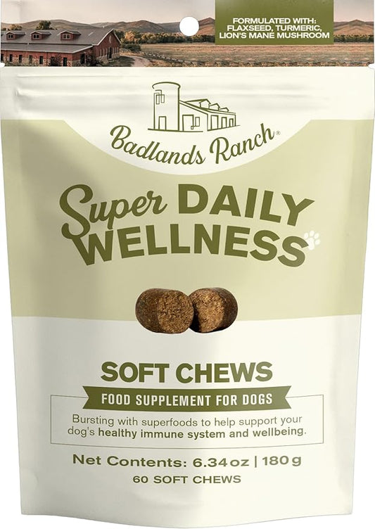 Badlands Ranch Super Daily Wellness Soft Chews for Dogs – Superfood Blend with Flaxseed, Turmeric & Lion’s Mane Mushroom – 60 Soft Chews