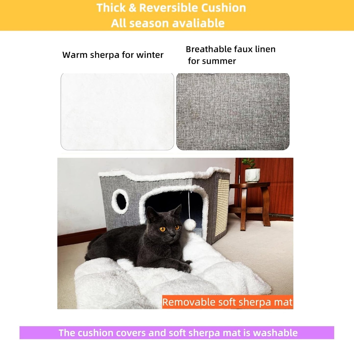 Cat Bed for Indoor Cats,Covered Cat Cave House & Furniture with Scratch Pad,Foldable Cat Hideaway Hut Cute Cat Condo with Soft Washable Mat for Multi Small Pet Under 30 lbs,Dark Grey