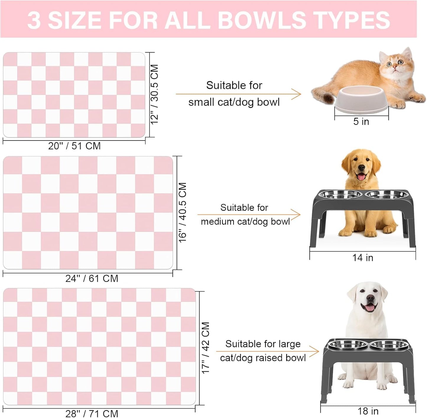 Checkered Dog Cat Feeding Mat, 17'' x 28'' Large Dog Food Mats, Absorbent Pet Feeding Mat for Food and Water Bowl, Dispenser, Checkerboard Pet Placemat with Rubber Backing, Pink & White