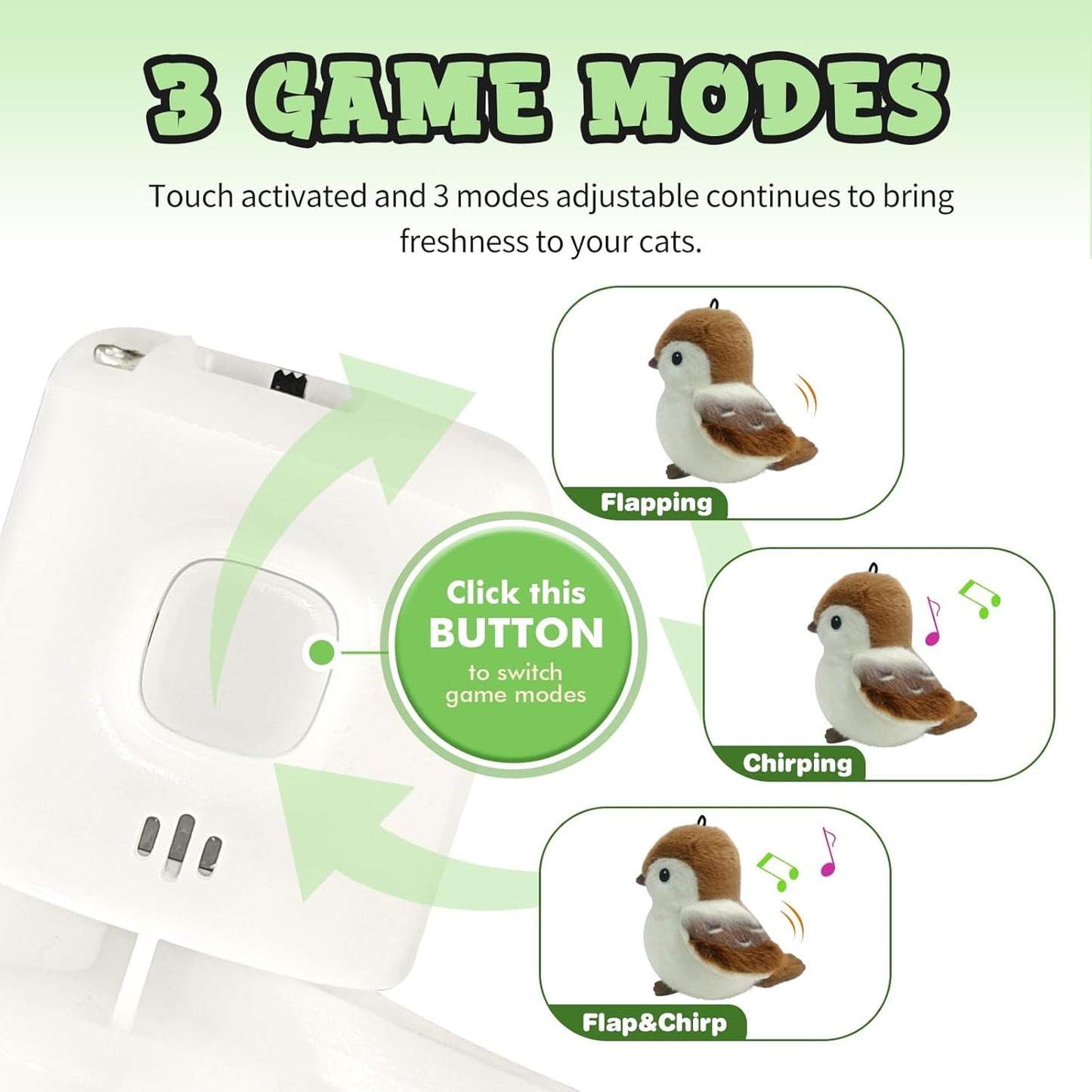 Cat Toys, Flapping Wings Cute Sparrow, No Flying, Chirping Bird Interactive Catnip Toy for Kitten or Small Dogs, Touch Activated, Rechargable