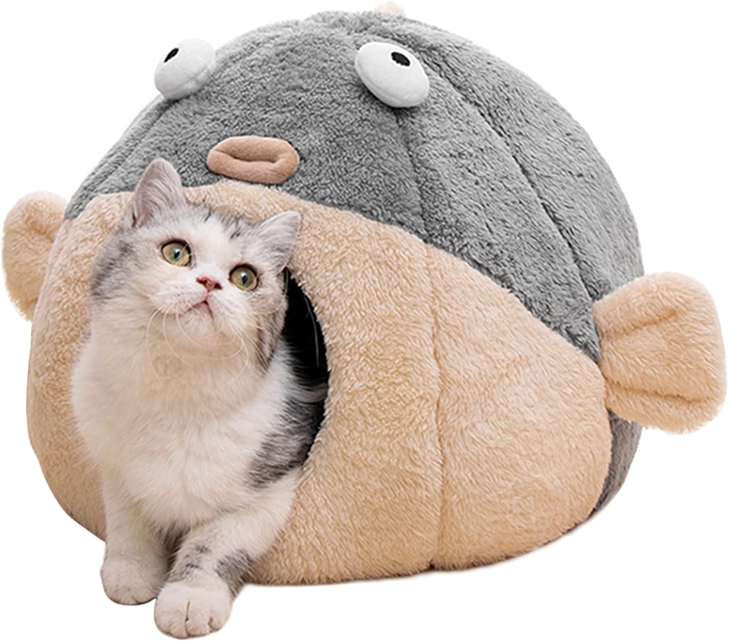 Cat Beds for Indoor Cats - Cat Bed Cave with Removable Washable Cushioned Pillow,2 in 1 Super Soft Animal-Shape Cat Tent for Kitten and Small cat, Lively Pufferfish cat beds & Furniture, Grey(M)