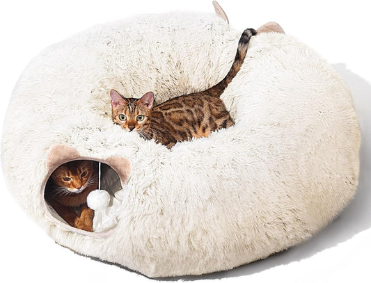 Cat Tunnel with Cat Bed for Indoor Cats, Soft Plush Peekaboo Cat Cave Donut Tunnel, Multifunctional Playground Toys Hideplace for Small Medium Large Kittens, Rabbit, Ferret (Cream White)