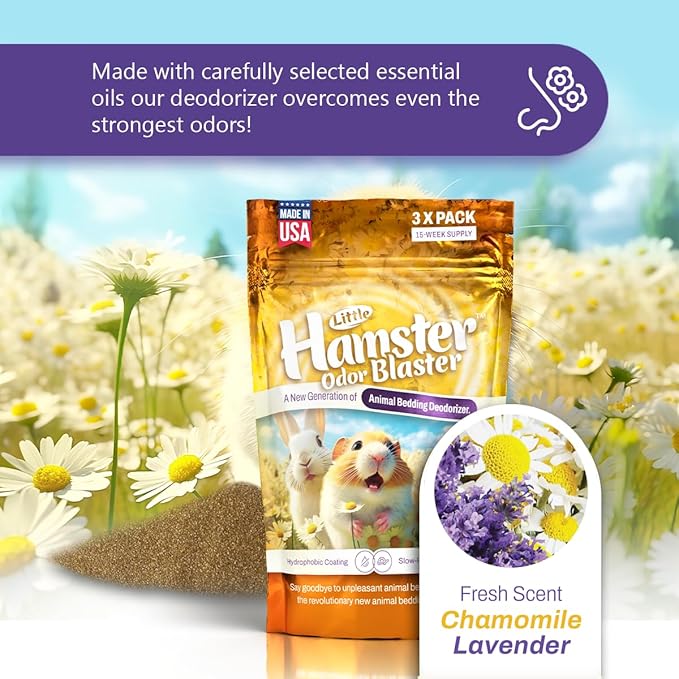 LITTLE SAVER Hamster Odor Blaster | a New Generation Of Animal Bedding Deodorizer | Unique Slow Release Formula | Natural Fresh Scent - Lavender & Chamomile | Up to 15 Weeks Supply | 3 x 0.5oz bags