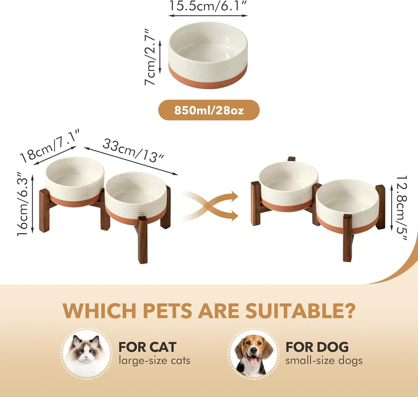 Ceramic 6.1inch Raised Double Dog Bowls Set with Acacia Wood Stand, 2 Heights Elevated, Food & Water Bowls for Small Dogs(28.2oz, Vanilla White)