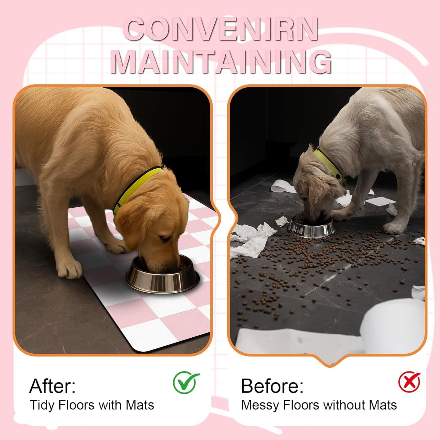 Checkered Dog Cat Feeding Mat, 17'' x 28'' Large Dog Food Mats, Absorbent Pet Feeding Mat for Food and Water Bowl, Dispenser, Checkerboard Pet Placemat with Rubber Backing, Pink & White