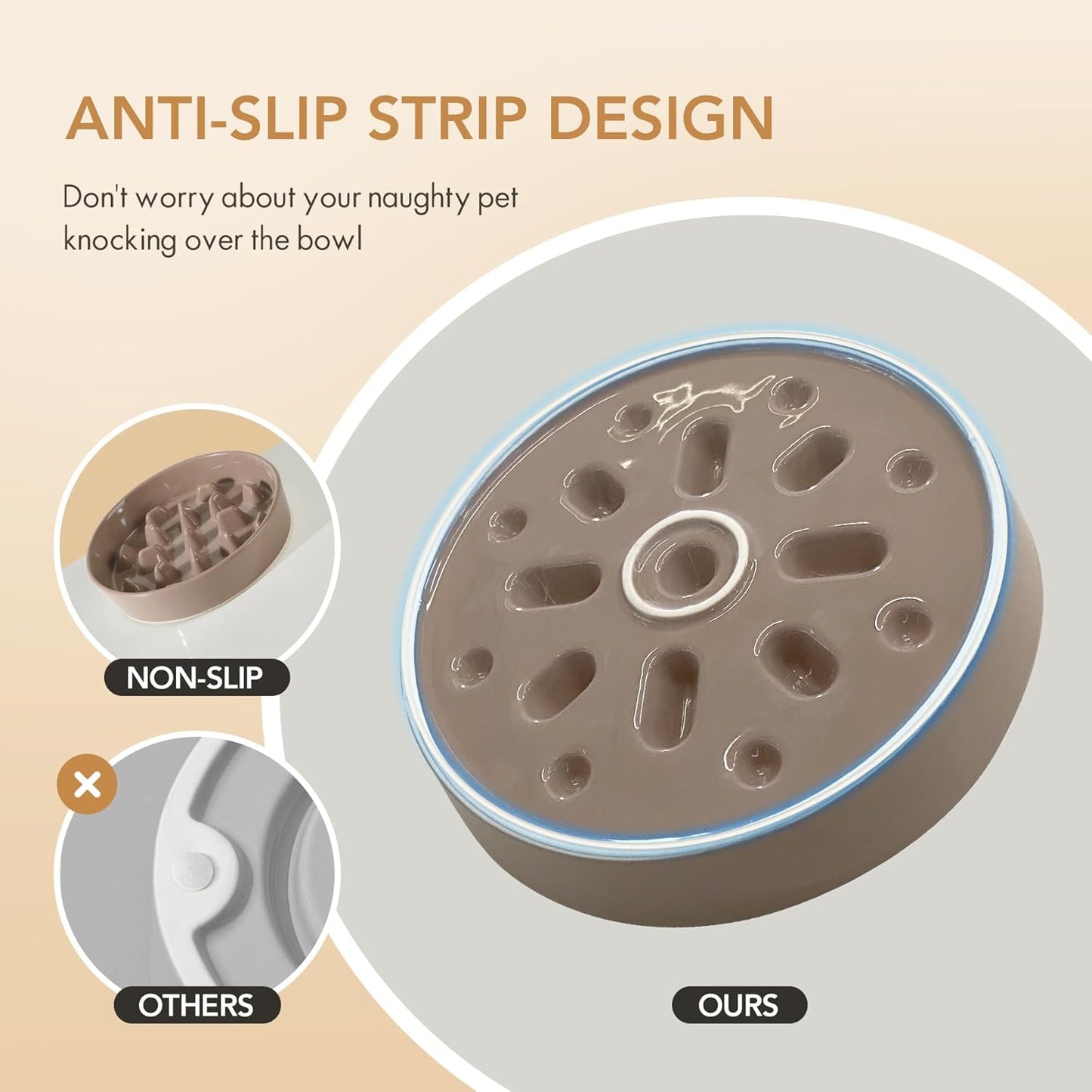 Ceramic 9.5 inch Dog Bowl Slow Feeder, Slow Pet Food Dish for Large Dog, Stop Bloat, Preventing Choking(Single Bowl, Brown Coffee)