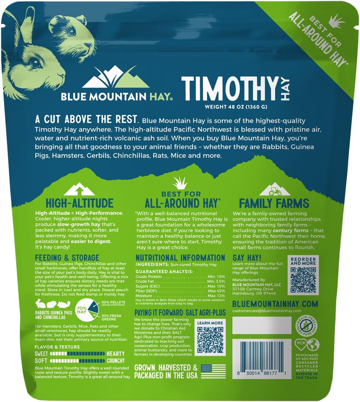 Blue Mountain Hay | Fresh Timothy Hay (48 Ounce) | Great for All Ages | High-Altitude Hay Pet Food for Rabbits, Guinea Pigs, Chinchillas, Hamsters, and Other Small Pets