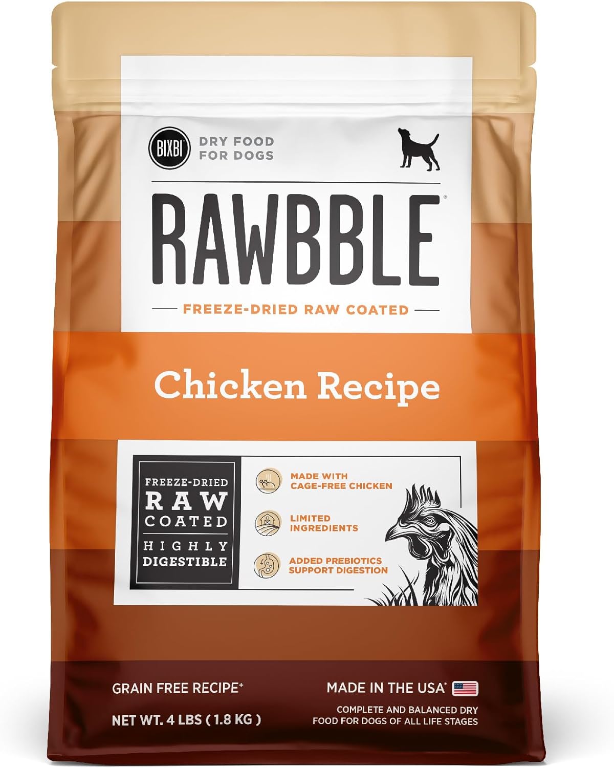 BIXBI Rawbble Dry Dog Food, Chicken, 4 lbs - USA Made with Fresh Meat - No Meat Meal & No Corn, Soy or Wheat - Freeze Dried Raw Coated Dog Food - Minimally Processed for Superior Digestibility
