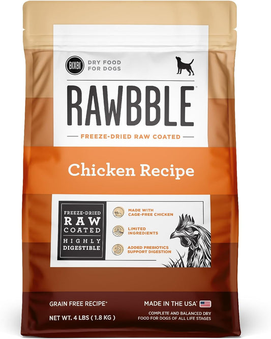 BIXBI Rawbble Dry Dog Food, Chicken, 4 lbs - USA Made with Fresh Meat - No Meat Meal & No Corn, Soy or Wheat - Freeze Dried Raw Coated Dog Food - Minimally Processed for Superior Digestibility