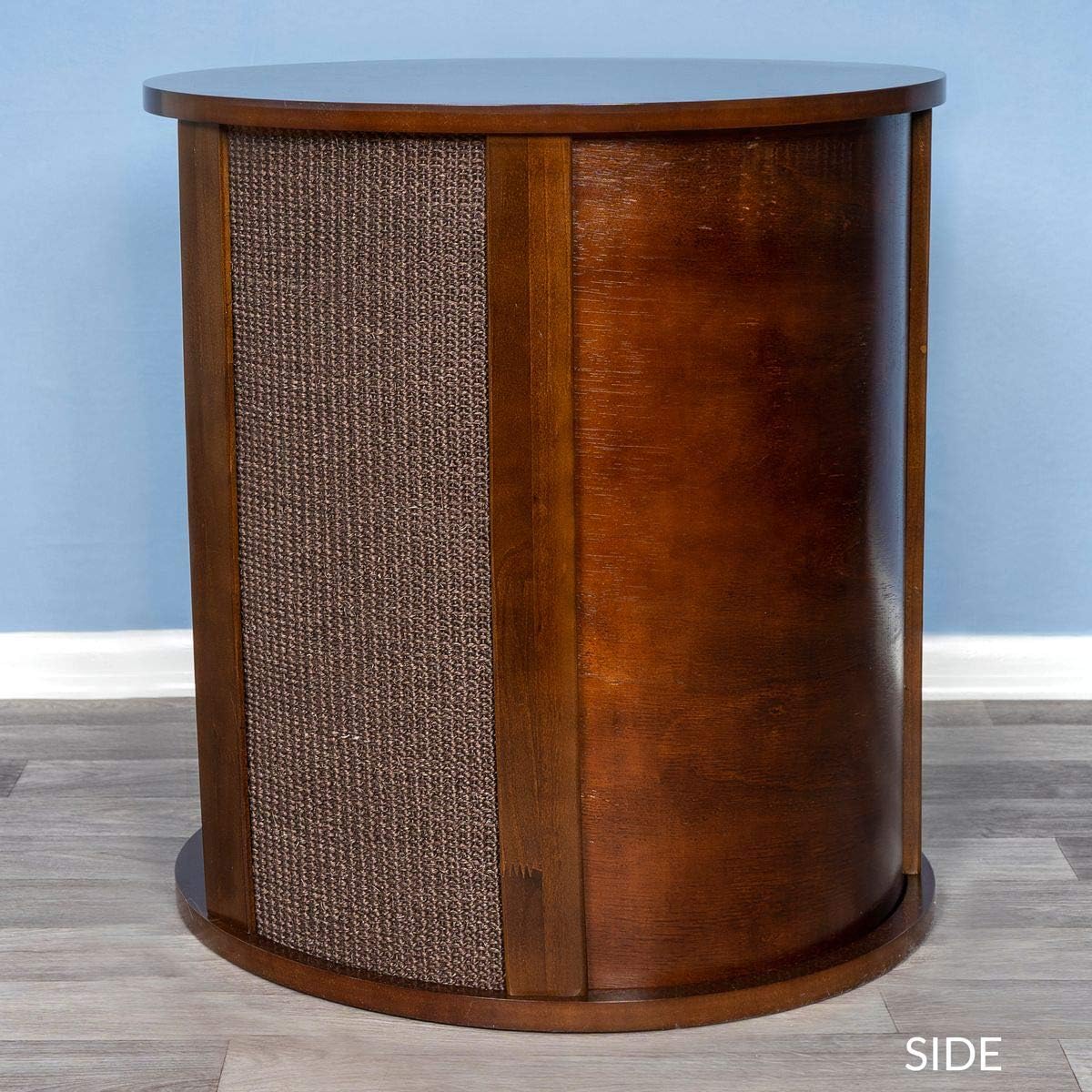 THE REFINED FELINE Purrrrfect End Table Cat Bed Cave in Mahogany Brown, Multipurpose Wood Cat Furniture Nightstand, Easy to Clean Covered Cat Bed with Replaceable Scratching Post & Washable Cushion