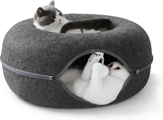 Jia Xi Indoor Cat Hideout Tunnel Bed - Donut Cat Condo and Cave - Dark Grey (20 in * 20 in * 8 in)